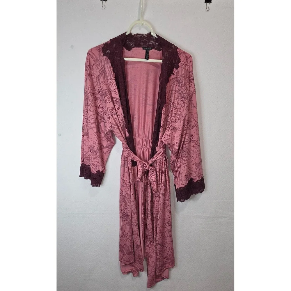 Soma Intimates Floral Lace Trim Wrap Robe Mauve Pink Burgundy XL Loungewear